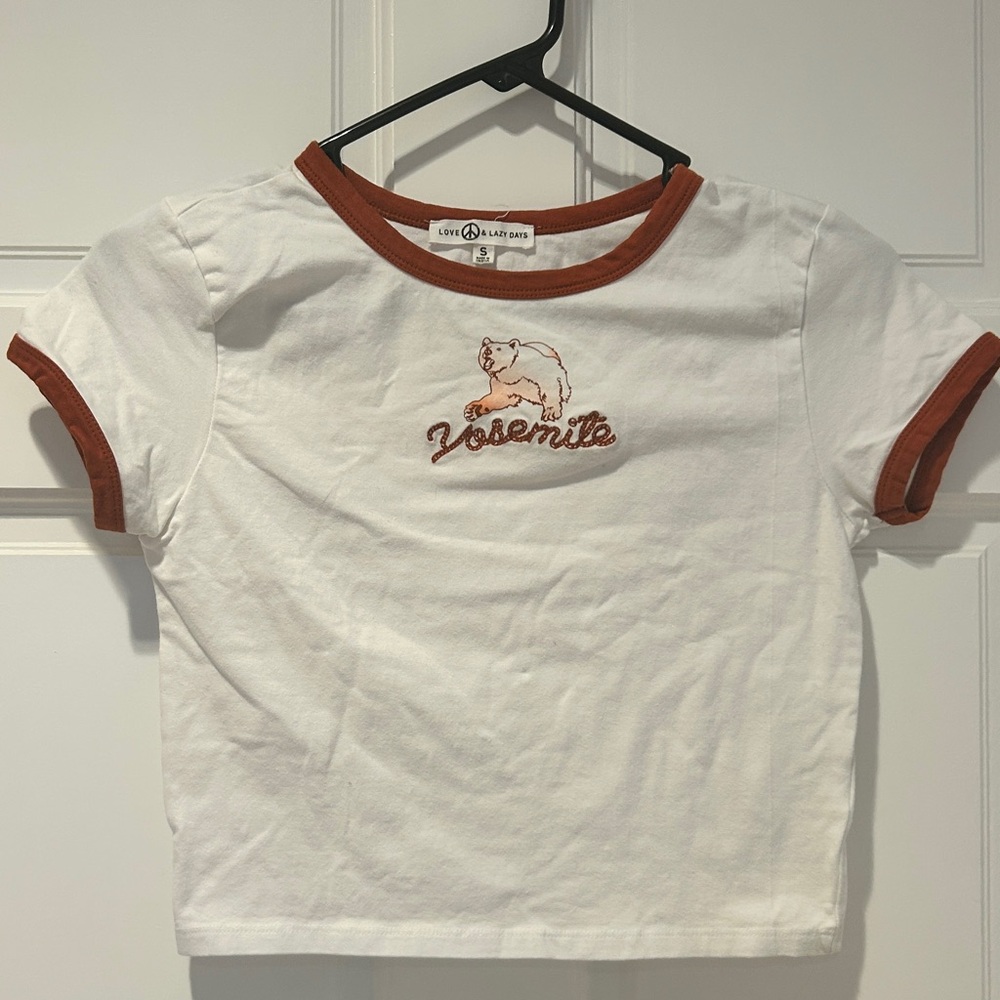 White and Brown Crop Top with Vintage Ringer Style